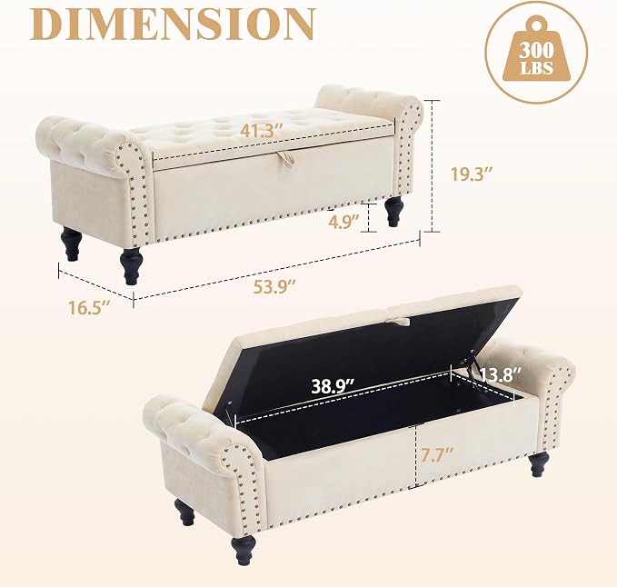 55" Storage Bench for Bedroom, Upholstered Ottoman Bench, Chenille Beige | End of Bed Bench for Bedroom, Window Benches for Living Room, Entryway, Ottoman with Large Storage Space, Pet Friendly