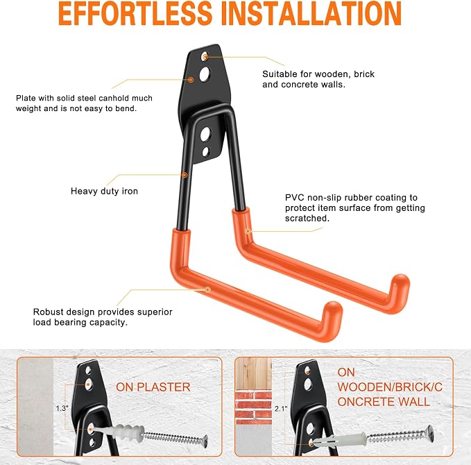 HUPBIPY Garage Hooks Heavy Duty 4 Pack, Wall Mount Ladder Hooks | 5.1in U Shaped Hanger, Storage Organizer With a non-slip coating For Hanging Bicycles, Garden Tools Hoses and Ropes (Orange)