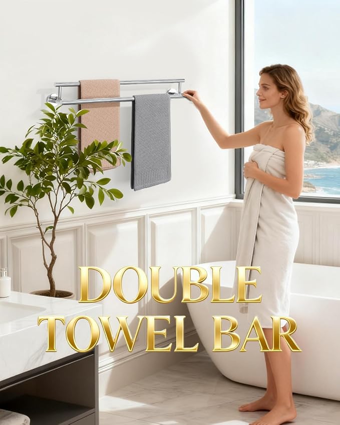 Alise Double Towel Bar,24" Towel Rack for Bathroom Wall Mounted,Chrome | Bathroom Towel Rack SUS304 Stainless Steel Bathroom Towel Holder Quick Drying Hand Towel Holder Towel Bar for Walls