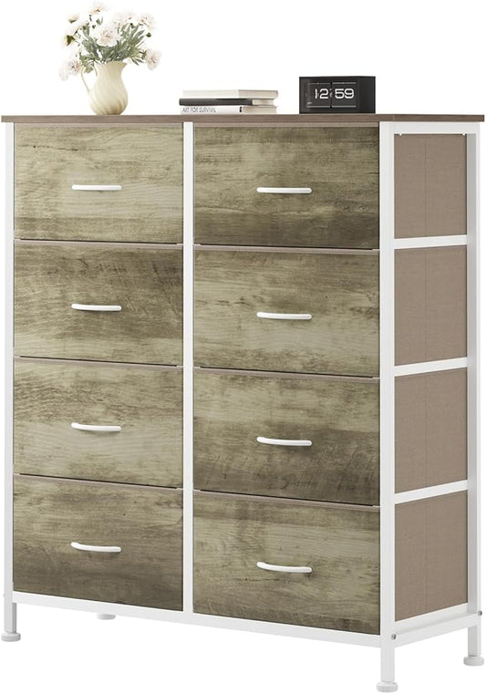 OLIXIS 8 Drawer Storage Dresser for Bedroom, Closet Organizers Units | Fabric Dresser with Wooden Top, Chest of Drawers Clothes Storage, Tower Cabinet, TV Stand Furniture, Oak Greige