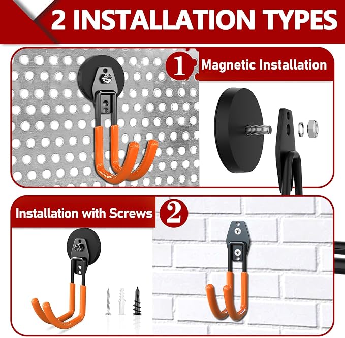 3-H Heavy Duty Magnetic Hooks, Large Magnet Hooks,4 Pack Orange | No-Drill Tool Holder for Garage,Power Drill,Garden Tools,Hose Storage