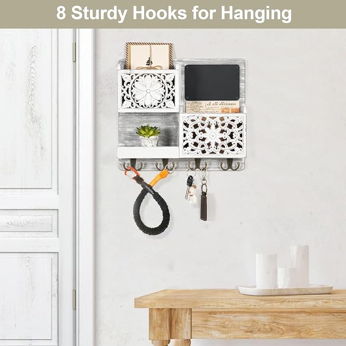 Mail Organizer Wall Mounted | 2 Slots Key Holder for Wall with 8 Hooks, Rustic Wood Key Rack with Shelf for Entryway Hallwall Farmhouse