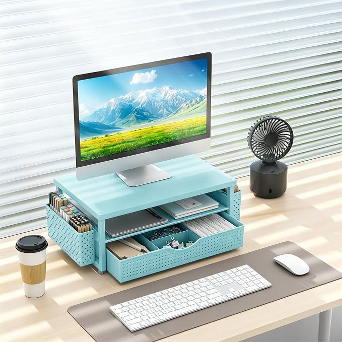 gianotter Desk Organizers and Accessories, Monitor Stand with Drawer and 2 Pen Holder, Desktop Organizer Suitable for Offices and Dormitories (Blue-Plain)