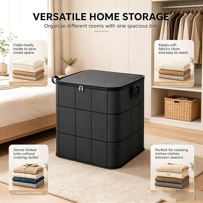 Spacious Moving Storage Bin – Zippered Organizer for Quilts, Large Fabric Storage Bag with Carry Handles for Bedding, Comforters, Blankets, Winter Clothes, Closet & Moving (1PC)