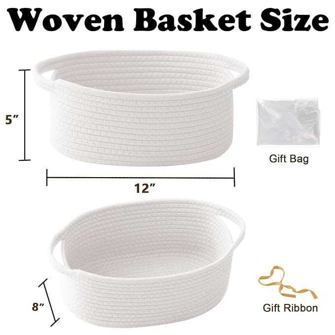 2 Pack Small Woven Rope Basket with Handles, Grey | Empty Gifts Basket with Bag and Ribbons, Cute Handle Organizer Box, Birthday/Baby Shower, Toy Storage