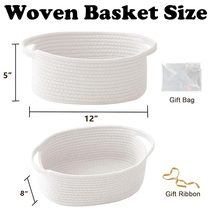 White Woven Rope Basket,Baby Gift Basket with Bag & Ribbon | Cotton rope with handle, 12x8x5 in, gift bag and ribbon, for baby shower, birthday, toy storage, nursery, shelf decor