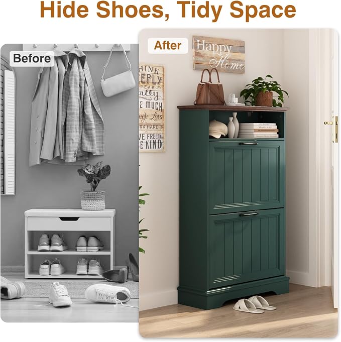 24" W Hidden Shoe Storage Cabinet with 2 Flip Drawers & Open Storage | Farmhouse Modern Shoes Rack Cabinet,Adjustable Shelves, Narrow Slim Shoes Organizer for Front Door Entrance, Entryway,Green