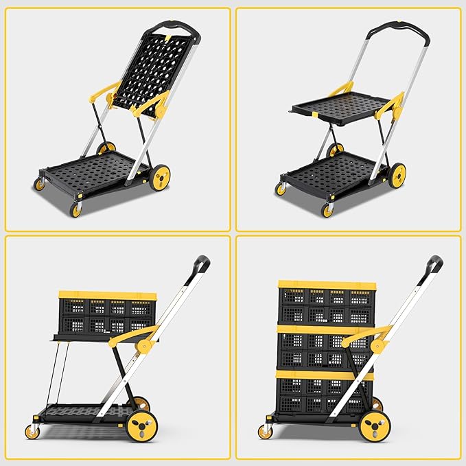 TOLRET Shopping Cart with Wheels, 200 lbs Capacity Grocery Cart on Wheels | Collapsible Shopping Cart with Storage Crate, Platform Hand Truck with Foot Brake, Yellow