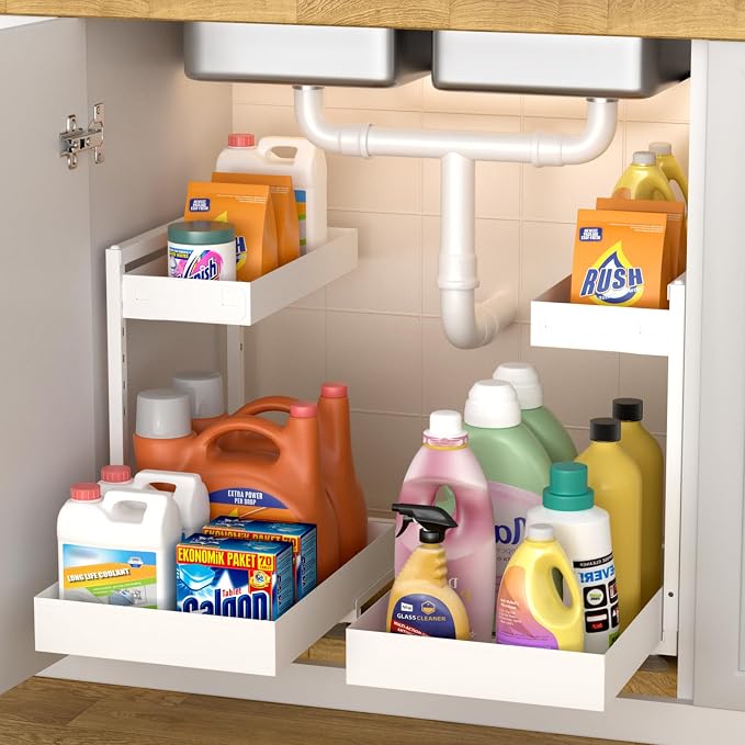 Under Sink Organizer, Bathroom Counter Organizer, 2 Packs 2-Tier Metal, Under Cabinet Storage, Makeup Storage, Adjustable Height & Slide-Out Drawer for Kitchen Bathroom, White