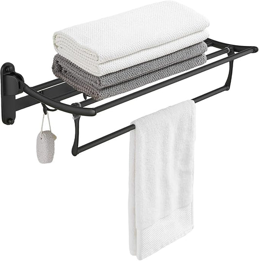 24 Inch Matte Black Towel Racks, Bathroom Towel Shelf with Foldable Towel Bar Holder and Towel Hooks, Wall Mounted Multifunctional Bathroom Accessories, Double Towel Bars