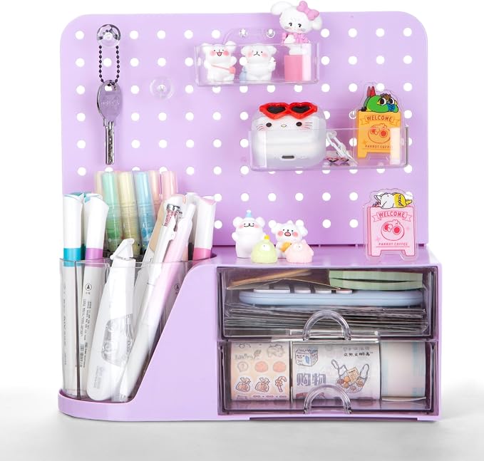 Comix Desk Organizer with 2 Drawer, Purple 360 Rotating Pen Holder for Desk | Desk Organizers and Accessories with 5 Slots Pencil Holder+Pegboard+Drawer, Pen Organizer for Home School Art Office Supplies