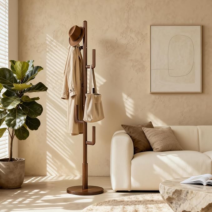 Coat Rack,Solid Wood Cactus Freestanding Coat RackWith 6 L-Shaped Hooks and 3 Adjustable Sizes,Coat Tree for Bedroom, Entryway, Livingroom, Coat Hanger Stand for Coats, Handbags (Walnut)