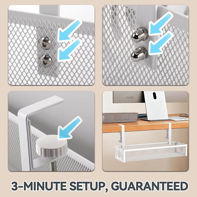 Cable Management, 15'' Under Desk Cable Management Tray No Drill | Metal Cable Organizer with Clamp for Wire Management, Cord Organizer for Home Office, Desk Accessories Organizer, White