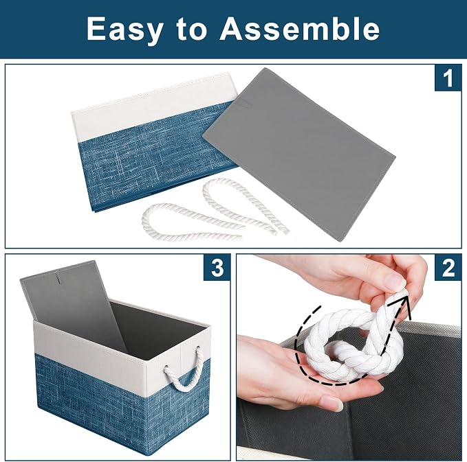 Fab totes Storage Bins 3-Pack, Foldable Storage Baskets for Organizing Toys, Books, Shelves, Closet, Large Storage Box with Rope Handles, Sturdy Organizer Bins, White & Blue