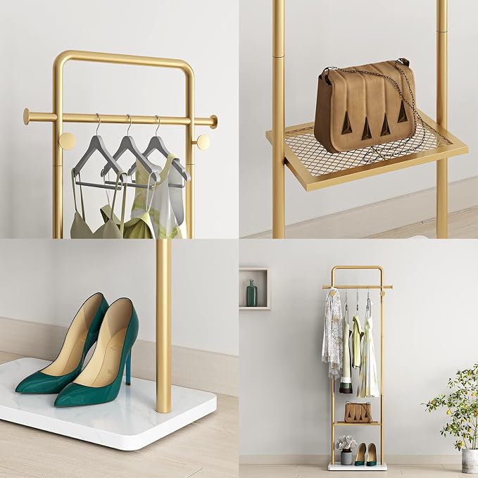 TIEOU Gold Clothes Racks with Shelf, Heavy Duty Gold Clothing Racks for Boutiques, Free-Standing Metal Garment Rack for Hanging Clothes, Modern Coat Rack Entryway(2 tier)