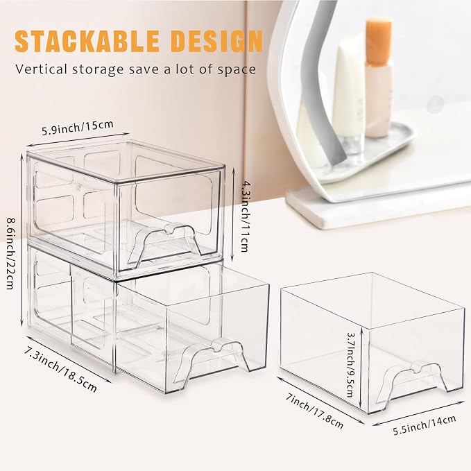 6 Pack Stackable Storage Drawers,Makeup Organizer with Pull-out Drawer | 4.4'' Tall, Acrylic Clear Plastic Storage Bins for Vanity,Pantry,Desk,Undersink,Kitchen,Bathroom