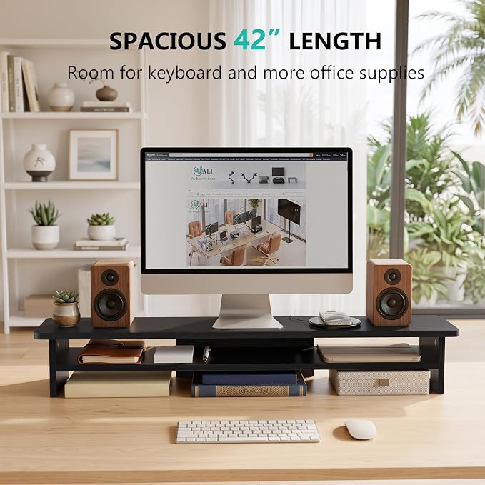 WALI 42 inch Large Wood Dual Monitor Stand Riser with Storage, up to 88lbs | Multi-Purpose Computer Stands, 2 Tier Desktop Organizer Desk Shelf for Home Office PC, Laptop, Printer, TV (WTT001), Black