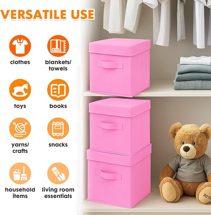 ShellKingdom Storage Bins, Foldable Fabric Storage Cube with Lid for Closet | Clothes Storage Organizer Drawer For Closet Toys Storage, 13 X 13 X 13 INCH, 2 Pack (Pink)