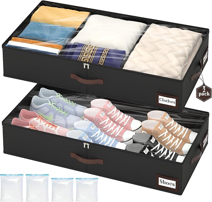 OIAHOMY 2 Pack Under Bed Storage with Handles, Underbed Container for Bedroom & Closet, Fits Beds Higher than 6", Under the Bed Storage for Seasonal Clothes, Blankets & Shoes - Black