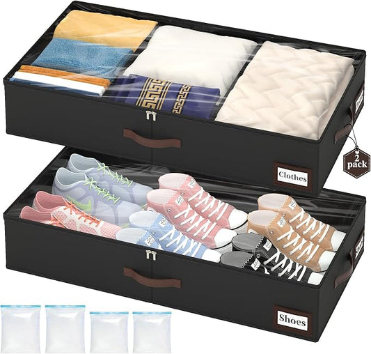 OIAHOMY 2 Pack Under Bed Storage with Handles, Underbed Container for Bedroom & Closet, Fits Beds Higher than 6", Under the Bed Storage for Seasonal Clothes, Blankets & Shoes - Black