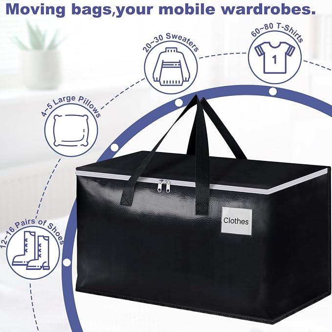 StorageRight Heavy Duty Moving Boxes-Moving Bags with Zipper, Reinforced Handles and Tag Pocket-Collapsible Moving Supplies-Totes for Storage Great for moving, Storage and Travel 93L(Black-6 Pack)