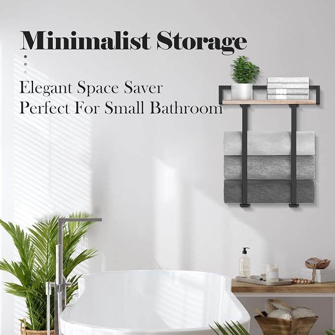 Xstydes Towel Racks for Bathroom Wall Mounted, Metal Towel Holder with Wooden Shelf for Folding Large Towels, Towel Storage for Small Bathroom Organizer Decor or RV Camping