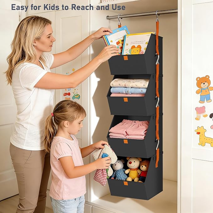 DIMJ Hanging Closet Organizer - 4 Tier Collapsible Hanging Shelves with Hooks Zipper, Fabric Clothes Organizer, Space-Saving Storage Bin Basket for RV, Bedroom, Laundry Organization