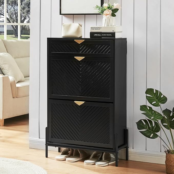 Shoe Cabinet with 2 Flip Drawers, Narrow Entryway Rack, Black | Slanted Wood Grain, Freestanding, Adjustable Compartments, Removable Middle Shelf, Metal Handles, for Hallway Foyer Entrance