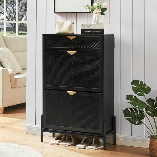 Shoe Cabinet with 2 Flip Drawers, Narrow Entryway Rack, Black | Slanted Wood Grain, Freestanding, Adjustable Compartments, Removable Middle Shelf, Metal Handles, for Hallway Foyer Entrance