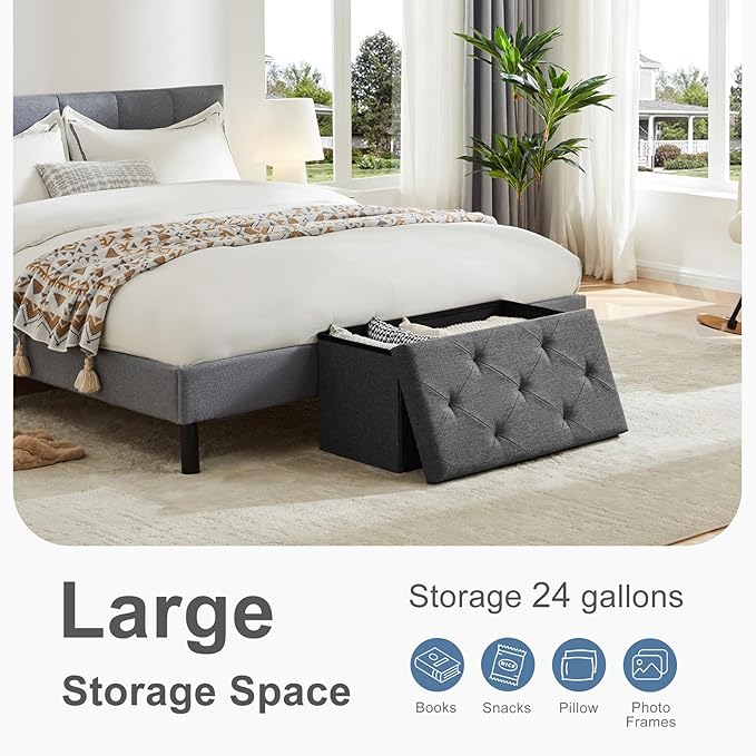 DUMOS 30 Inch Foldable Storage Ottoman Bench, Gray Ottoman with Storage | End of Bed Foot Stool with Foam Padded Seat, Linen Fabric Hidden Storage Chest for Bedroom, Living Room, Loads 660 LBS