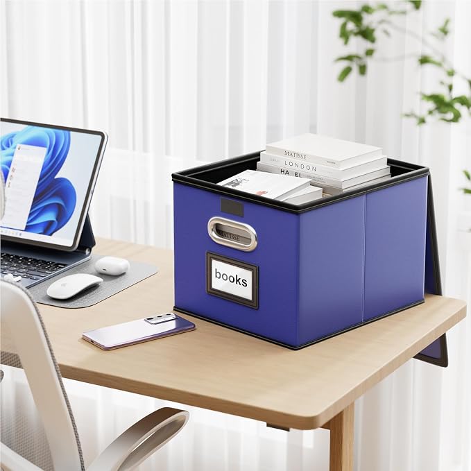 File Organizer Box with Lids, Collapsible File Folder Organizer | File Box with Plastic Slides for Document, Filing Bin for Letter Size Hanging File Folders (4 Pack, Navy Blue, Leather)