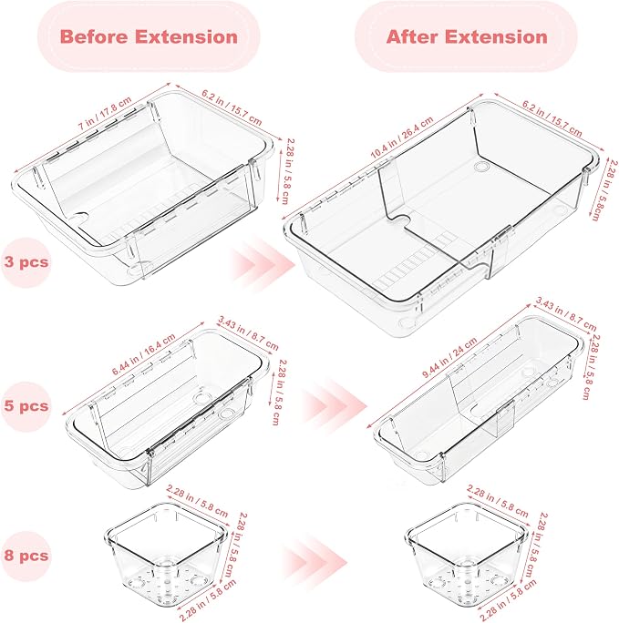 16 Pcs Extendable Clear Drawer Organizer, 3-Size Adjustable Boxes | 3-mm Extra Thick Acrylic Storage Bins for Vanity, Desk, Makeup, Cosmetics, Tool, Bedroom Dressers & Bathroom Organization