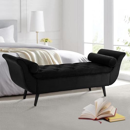 Velvet Storage Bench 65" Tufted End of Bed Ottoman with 2 Pillows (Black)