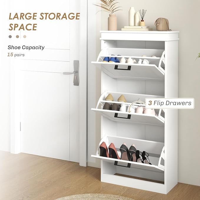HOMCOM Shoe Storage Cabinet with 3 Flip Drawers, Narrow Shoe Cabinet, White | Freestanding, Adjustable Shelves, Slim Hidden Rack Organizer, Entryway, Hallway