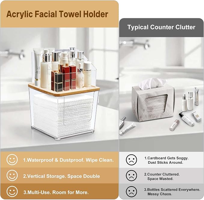 2 Tier Disposable Facial Towel Holder with 2 Q-tip Holders & Clip | 2-in-1 Facial Towels Storage and Cosmetic Organizer with Banboo Lid,Skincare Organizer for Vanity, Bathroom Countertop,Dorm