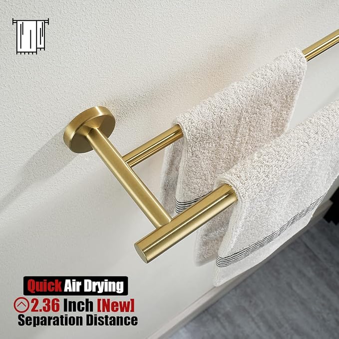 JQK Double Towel Bar Gold, 15 Inch 304 Stainless Steel Thicken 0.8mm Towel Rack Holder for Bathroom Washcloths and Hand Towels, Brushed Gold Wall Mount, Useable Length 12 Inch, TB100L12-BG