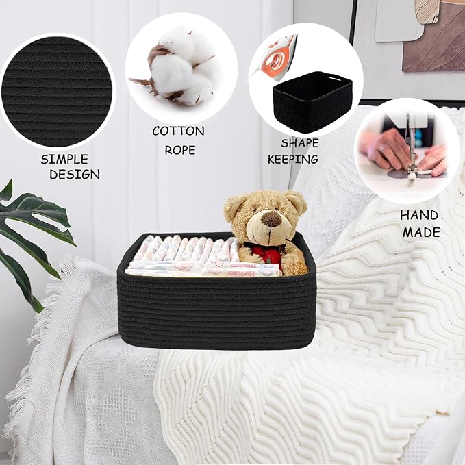 COMFY HOMI 11.5"x7.5"x4.7" Storage Baskets for Organizing | Cotton Rope Woven Basket | Toy Storage Bin Box | Basket for Shelves, Closet Organizer Bin, Decorative Closet Shelf, 3 Pack,