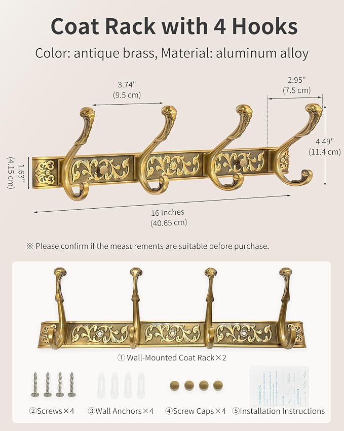 Vintage Coat Rack Wall Mount, Decorative Wall Coat Rack with 4 Hooks for Hanging Key Purse Hat Robe Towel Clothes Unique Hanger for Bathroom Shower Entryway Antique Brass 2 Pack