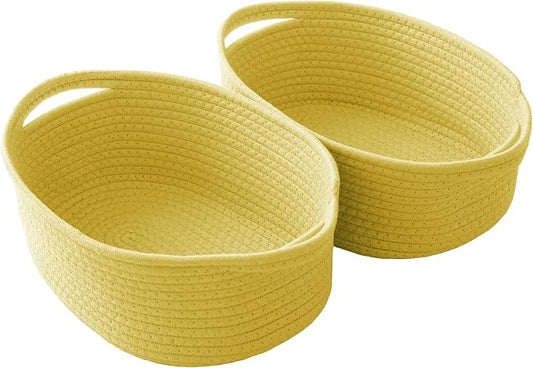 JMvicyroam Small Woven Basket, Empty Gift Basket, Yellow/2 Pack | Small Gift Basket, Cotton Rope, 12 x 8 x 40 in, Handles, Includes Ribbon and Bag, Birthday Gift Basket