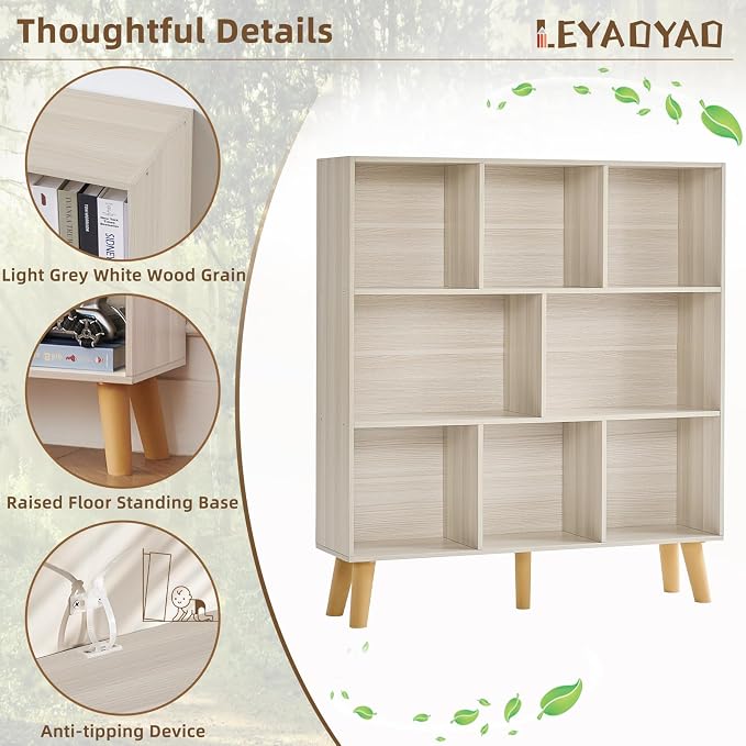 LEYAOYAO 8 Cube Bookshelf,Mid-Century Modern Bookcase with Legs,Light Grey | 3 Tier Book Shelf,Rustic Wood Bookshelves Freestanding Large Storage Organizer, Open Shelves for Bedroom, Living Room, Office