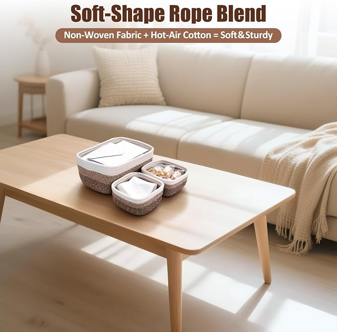 5-Pack Small Woven Rope Storage Baskets, 2 Sizes Organizer Bins | Fabric Cube Boxes and Rectangular Shallow Bins for Closet, Shelf, Bookshelf, Nursery, Changing Table, Bathroom, Toys & Home