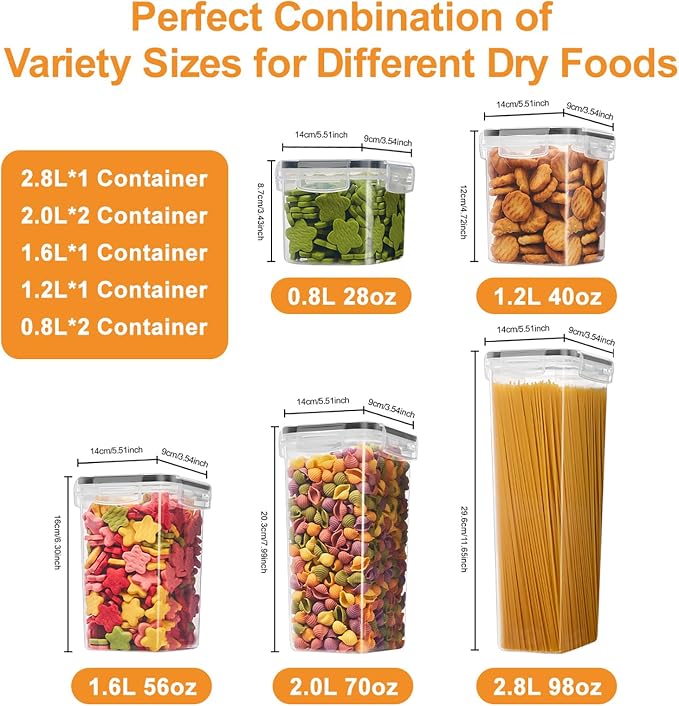 7 PCS Airtight Food Storage Containers with Lids, Plastic Kitchen and Organization Canisters for Cereal, Dry Food, Flour and Sugar, BPA-Free, PVC-Free, Includes Labels & Marker