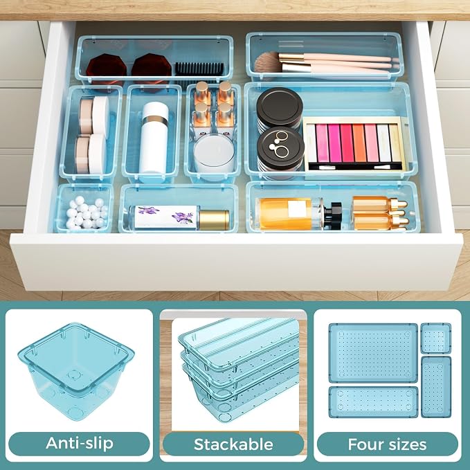 44 PCS Clear Plastic Drawer Organizer Set, 4 Sizes Storage Bins, Sea Blue | Desk Drawer Organizer Trays for Makeup, Jewelry, Gadgets and Utensils, Perfect for Bathroom, Bedroom and Office Organization