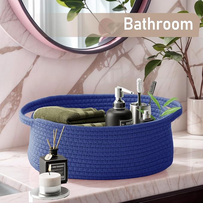 JMvicyroam Small Woven Basket, Empty Gift Basket, Navy Blue/1 Pack | Small Gift Basket, Cotton Rope, 12 x 8 x 27 in, Handles, Includes Ribbon and Bag, Birthday Gift Basket