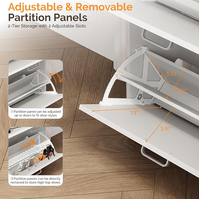 VINGLI Set of 2 Shoe Cabinet Storage for Entryway, Ultra Slim Shoe Organizer with 2 Flip & 1 Drop-Down Drawers, 2-Pack Narrow Shoe Cabinet 24.8" W for Front Door, Freestanding Modern White Shoes Rack