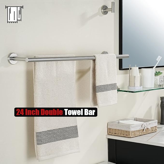 JQK Double Towel Bar 27 Inch, Brushed Steel Useable Length 24 Inch 304 Stainless Steel Thicken 0.8mm Bath Towel Rack for Bathroom, Towel Holder Wall Mount 2 Pack, TB100L24-BN-P2