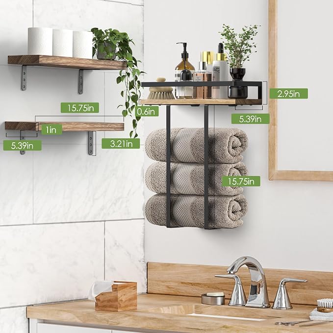 Towel Racks for Bathroom-Wall Mounted Floating Shelves for Wall Bathroom Bedroom Kitchen Living Room, Hanging Book Shelves Decor Bathroom Organizer, 16 inch Solid Wood, Carbonized Wood Color