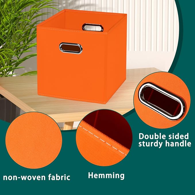 Black Foldable Storage Cubes Bins, Fabric Storage Box Cubes Organizer Baskets with Dual Handles for Home Organizer,Set of 3,(Orange)