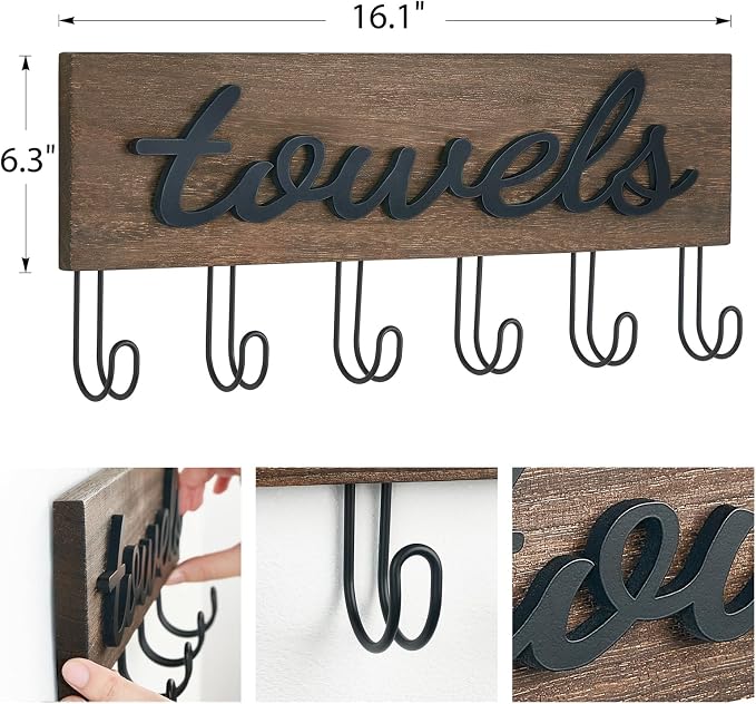Mkono Wall Mounted Towel Rack, 6 Hooks Rustic Wood Bathroom Towel Hanger | Farmhouse Decor, Space Saving, Decorative Letter Design, Easy Install, Sturdy, Hang Bathrobe clothes, Shower Accessories