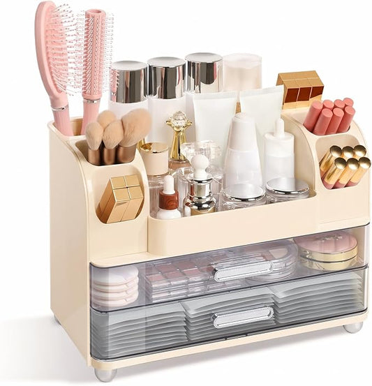 Makeup Organizer for Vanity with 2 Large Drawers and 6 Brush Holders, Cream | Large-Capacity Makeup Holder Keeps Skincare and Cosmetics Organized and Easy to Reach on Vanity or Bathroom Counters
